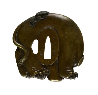 Tsuba with a Monkey Teasing an Elephant with a Stick
