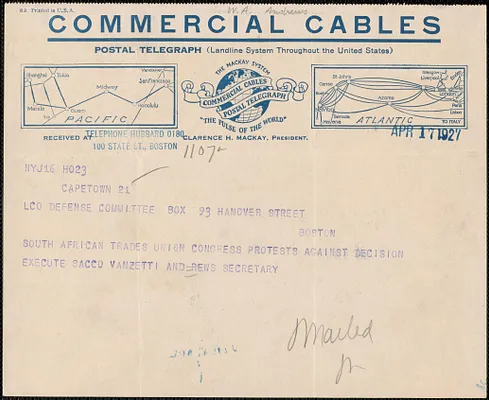 W. Andrews (South African Trades Union) telegram to Sacco-Vanzetti Defense Committee, Capetown, South Africa, April 17, 1927