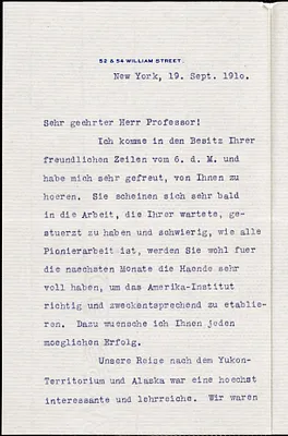 Schiff, Jacob Henry, 1847-1920 typed letter signed to Hugo Münsterberg, New York, 19 September 1910
