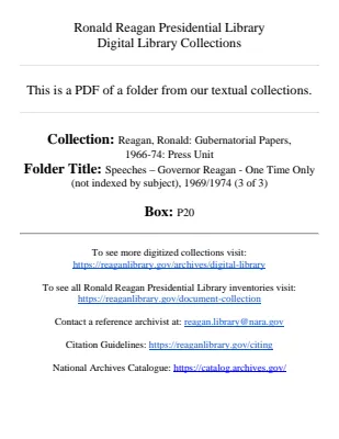 Speeches - Governor Reagan - One Time Only (not indexed by subject), 1969/1974 (3 of 3)