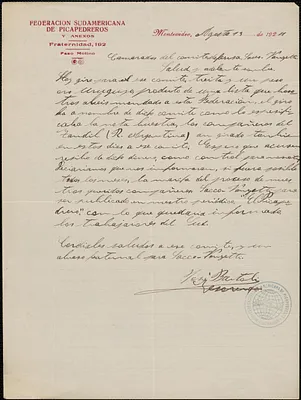 José Bartoli (Federacion Sudamericana de Picapedreros) autograph letter, in Spanish, signed to Sacco-Vanzetti Defense Committee, Montevideo, Uruguay, August 13, 1924