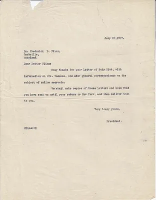 Letters Sent to Dr. Frederick B. Flinn, July 22, 1927
