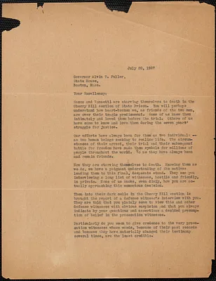 Sacco-Vanzetti Defense Committee typed letter (copy) to Alvan T. Fuller, Boston, Mass., July 20, 1927
