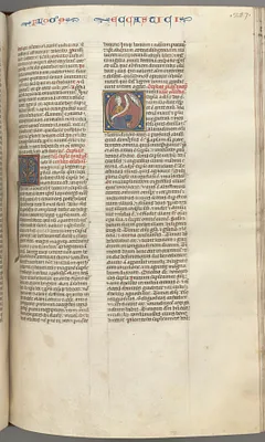 Fol. 257r, Ecclesiasticus, historiated initial O, Sirach seated with a scroll, bust of God above