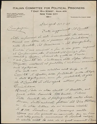 Benjamin Pasquale (Italian Committee for Political Prisoners) autograph letter signed, in Italian, to Sacco-Vanzetti Defense Committee, New York, N.Y., January 26, 1921