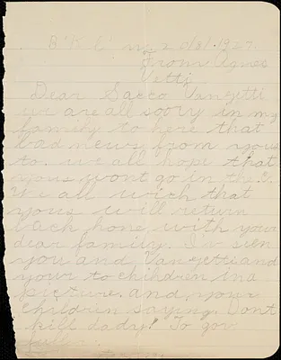 Agnes Vetti autographed note signed to [Nicola] Sacco and [Bartolomeo] Vanzetti, B'kl'n', 20 August 1927