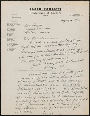 Albert Wechsler (Sacco-Vanzetti Conference of Chicago) autograph letter signed to Sacco-Vanzetti Defense Committee, Chicago, Ill., August 11, 1926