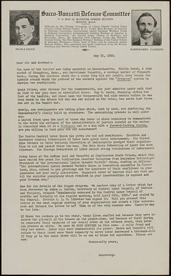 Sacco-Vanzetti Defense Committee typed letter (circular), Boston, Mass., May 22, 1922