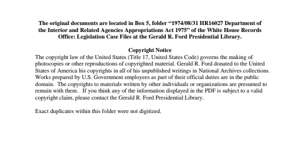 1974/08/31 HR16027 Department of the Interior and Related Agencies Appropriations Act 1975