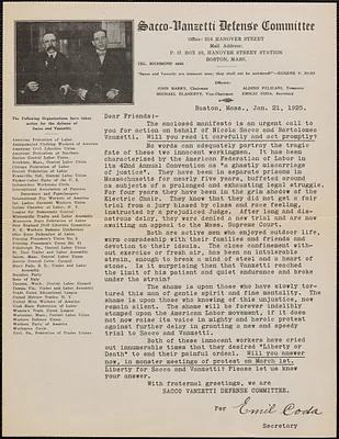Emilio Coda (Sacco-Vanzetti Defense Committee) typed letter signed (circular), Boston, Mass., January 21, 1925