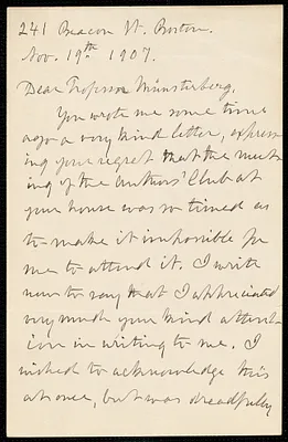 Howe, Julia Ward, 1819-1910 autograph letter signed to Hugo Münsterberg, 19 November 1907