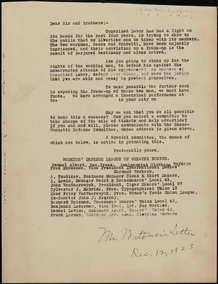 Workers' Defense League of Greater Boston typed letter (circular), Boston, Mass., December 12, 1923