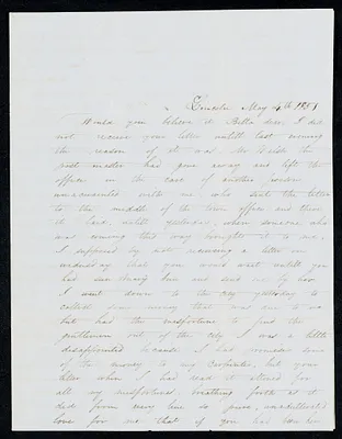 Letter to 'Bela' [Isabel M. Carret, Dedham, Mass.] from 'Willie' [William L. G. Peirce, Lincoln, Mass.], May-July 1851