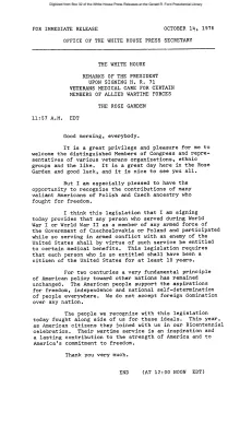 Remarks of the President upon signing H.R. 71 Veterans Medical Care for Certain Members of Allied Wartime Forces [Ford Speech or Statement]