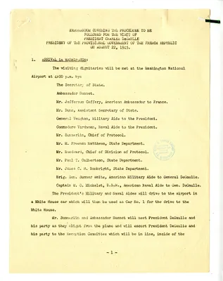 Memorandum from Brigadier General Harry Vaughan, Procedure to be Followed for the Visit President Charles de Gaulle