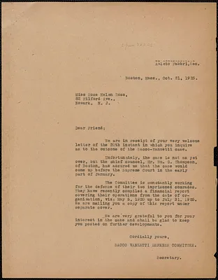 Sacco-Vanzetti Defense Committee typed letter (copy) to Rose Helen Ross, Boston, Mass., October 21, 1925