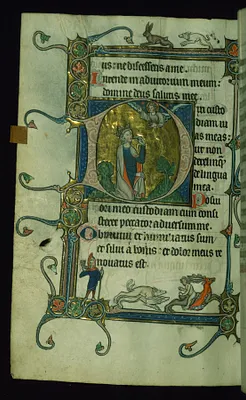 Leaf from Psalter: Psalm 38, Initial D with David Pointing to His Mouth Before God