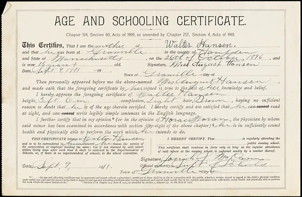 Age and schooling certificate, Walter Hansen