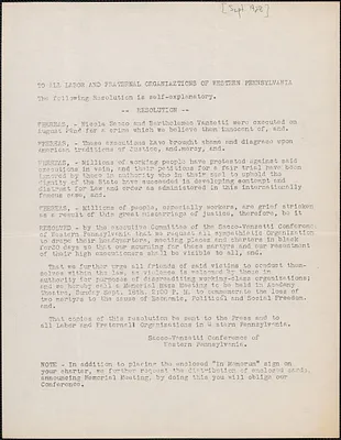 Sacco-Vanzetti Defense Conference of Western Pennsylvania typed resolution, Pittsburgh, Pa., [September 1928]