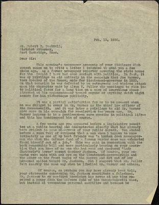 Creighton J. Hill typed letter (copy) to Robert T. Bushnell, [Boston, Mass.], February 13, 1930