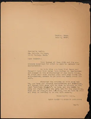 Sacco-Vanzetti Defense Committee typed letter (copy) to Jeannette Marks, Boston, Mass., July 5, 1927
