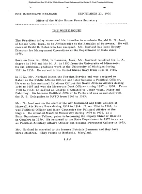 President intends to nominate Donald R. Norland to be Ambassador to the Republic of Botswana [Position Appointments and Resignations]