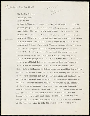 James, William, 1842-1910 typed letter signed to Hugo Münsterberg, Cambridge, Mass., 13 April 1892