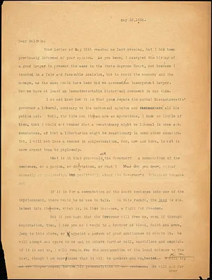Bartolomeo Vanzetti typed letter (copy) to Roger N. Baldwin, [Charlestown], 21 May 1925