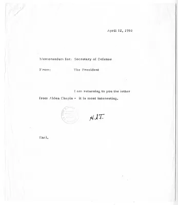 Memorandum from President Harry S. Truman to Secretary of Defense Louis Johnson, with Attachment