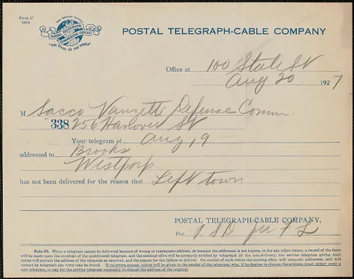 Postal Telegraph-Cable Company printed form to Sacco-Vanzetti Defense Committee, Boston, Mass., August 20, 1927