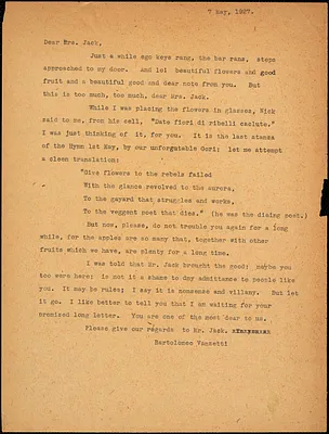 Bartolomeo Vanzetti typed letter (copy) to Cerise Jack, [Dedham], 7 May 1927