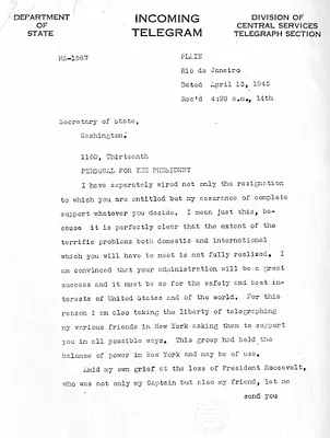 Telegram from Adolf A. Berle Jr. to Secrertary of State Edward Stettinius