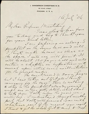 Christison, John Sanderson, 1856-1908 autograph letter signed to Hugo Münsterberg, Chicago, 16 July 1906