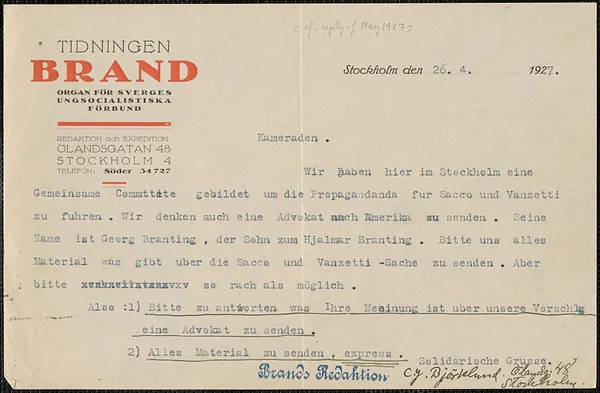 C. J. Björklund (Tidningen Brand Organ för Sverges Ungsocialistiska Förbund) telegram, in Swedish, to Sacco-Vanzetti Defense Committee, Stockholm, Sweden, April 26, 1927