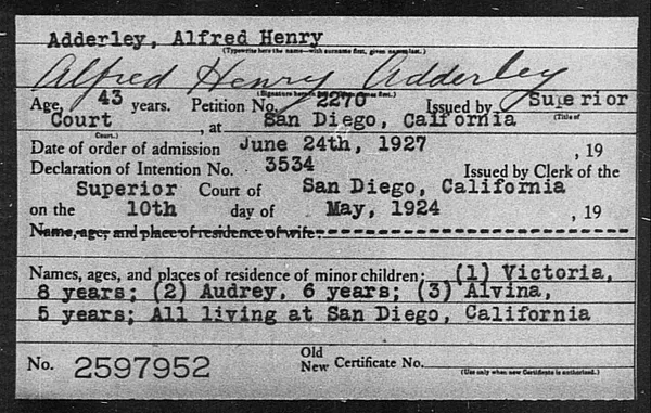 Adderley, Alfred Henry - 1927