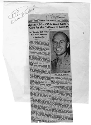 New York Times Newspaper Clipping, "Berlin Airlift Pilots Drop Candy, Gum for the Children in Germany"