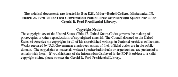 Bethel College, Mishawaka, IN, March 20, 1970