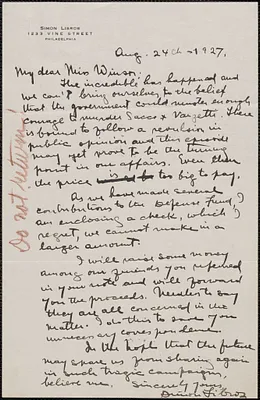 Simon Libros autograph letter signed to [Ellen] Winsor, Philadelphia, Pa., August 24, 1927