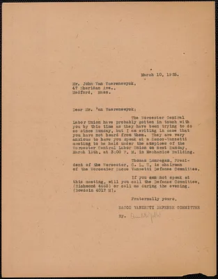 Amleto Fabbri (Sacco-Vanzetti Defense Committee) typed letter (copy) to John Van Vaerenwyck, Boston, Mass., March 10, 1925