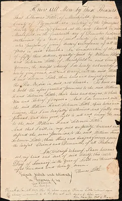 Deed of pew conveyance for pew owners William F. and Solomon Little, yeomen of Marshfield