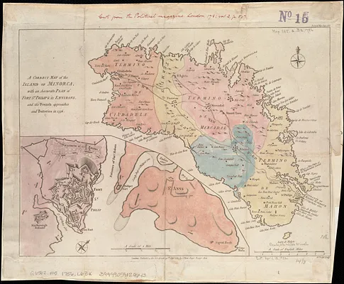 A Correct map of the island of Minorca, with an accurate plan of Fort St. Philip & its environs, and the French approaches and batteries in 1756