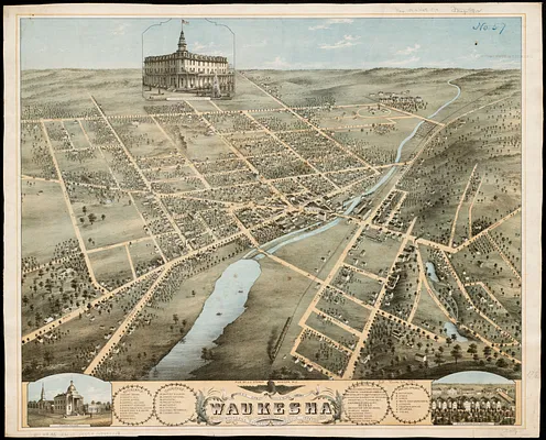 Bird's eye view of Waukesha, Waukesha County, Wisconsin 1874