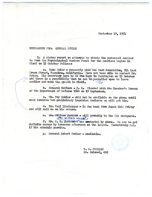 Memorandum for Brig. Gen. Robert Cutler from Lt. Col. Tobias R. Philbin