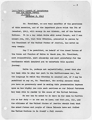 Lord Gort's speech of Acceptance for the Malta Scroll at Malta