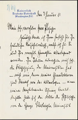 Bernstorff, Johann Heinrich, Graf von, 1862-1939 autograph letter signed to Hugo Münsterberg, Washington, D.C., 07 January 1911