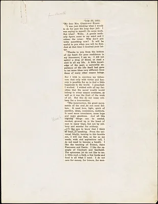 Bartolomeo Vanzetti printed letter to [Elizabeth] Glendower Evans, [Charlestown], 22 July 1921