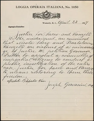Michele Papalia (Loggia Operaia Italiana, No. 1050, Ordine Figli D'Italia in America) autograph document Westerly, R. I., April 23, 1927