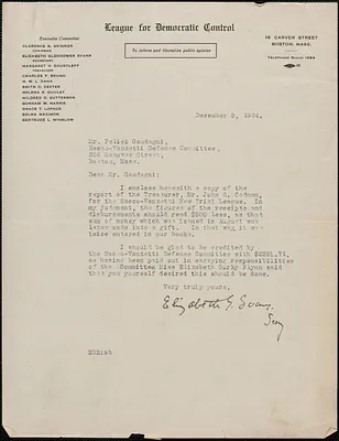 Elizabeth G[lendower] Evans (League For Democratic Control) typed letter signed (secretary) to [Felice] Guadagni, Boston, Mass., December 5, 1924