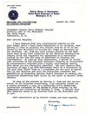Letter to Brigadier General Harry Hawkins Vaughan from J. Edgar Hoover