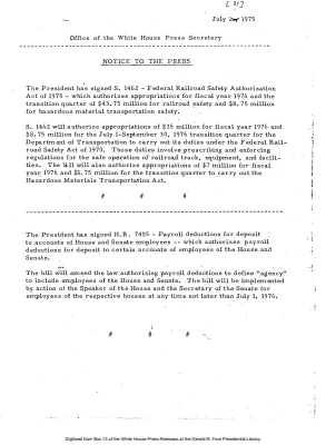 President Signs S. 1462, Federal Railroad Safety Authorization Act of 1975; and H.R. 7405, Payroll deductions for deposit to accounts of House and Senate employees [Signing Statements and Announcements]